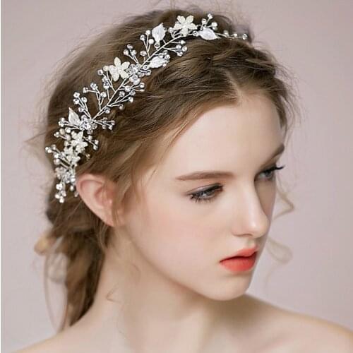 Silver Color Pearl Flower Bride Headpiece Tiara Hairband Rhinestone Leaf Headband Wedding Accessories Hair Ornaments