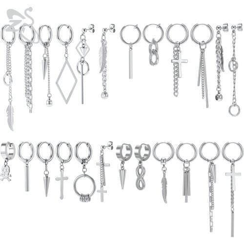 ZS 6 Pcs/lot Kpop Drop Earrings For Men Women Silver Black Color Stainless Steel Tassel Cross Round Pendant Earring Accessories