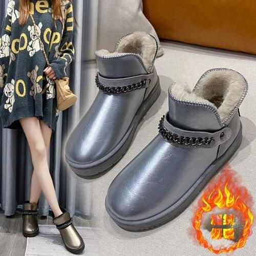 Warm Plush Winter Boots New Solid Black Fashion Short Ankle Boots Women Shoes Woman Leather Chain Rivet Women Boots Botas Mujer