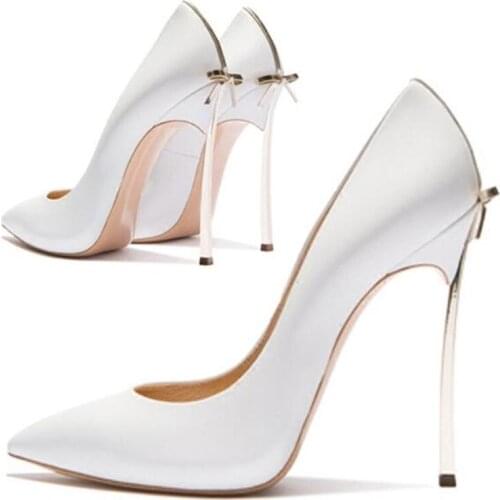 Butterfly-knot Metal Heels Pumps Shoes Pointed toe White Black Nude Patent Leather Blade Heel Dress Shoes 12cm 10cm 8cm