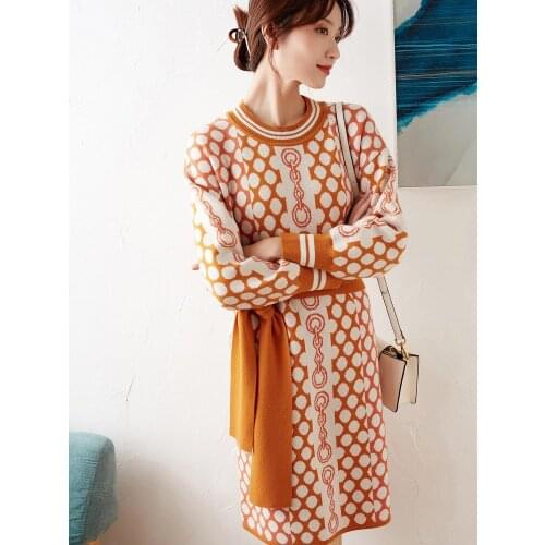 Point New Chain wave wool cashmere thickened loose knit dress high end high set winter