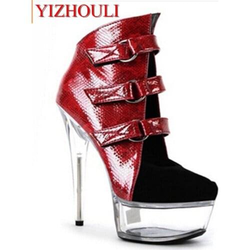 Womens sexy motorcycle Boots thick heel boots sexy 7 inch high-heeled pumps Punk color block 17cm High Heels Ankle Boots