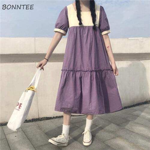 Dresses Women Loose Summer Patchwork Ruffles Harajuku Sweet Preppy Style Puff Sleeve Mid-calf Kawaii Ladies Chic Simple Vestido