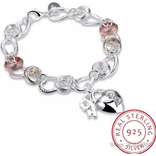 LEKANI 925 Silver Bracelet women bracelet 925 silver fine jewelry Crystal heart Lock flower simple droplets lobster clasp