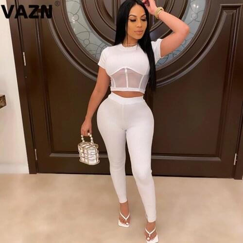 VAZN 2020 Top Quality Sexy Club Hollow out Open Patchwork Lace Short Sleeve Top High Waist Long Pants Slim Women 2 Piece Set
