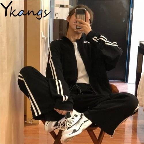 Running Sport Autumn WomenS Suit Simple Harajuku Sportswear Long Sleeve Zip-Up Cardigan Elastic Waist Loose Trousers Two-Piece