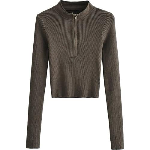 New Elegant High Neck Zipper Front Knitted Sweater Women Solid Basic Cropped Pullover Winter Spring Fashion Clothing Top 2021