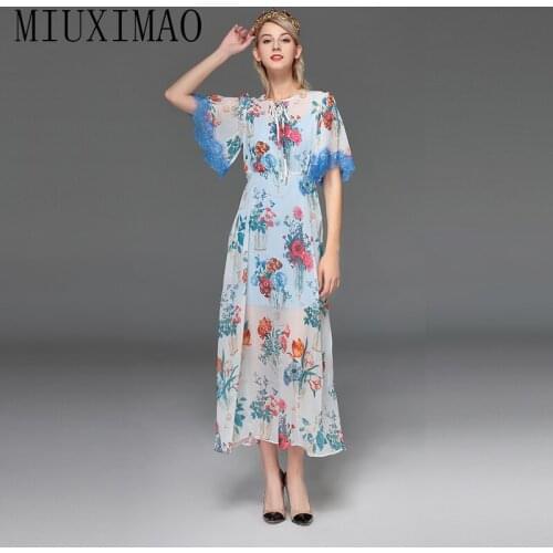 High Quality 2019 Runway Designer Bohemian Style A-Line O-Neck Half Sleeve Flower Print Elegant Ankle-Length Long Dress Women
