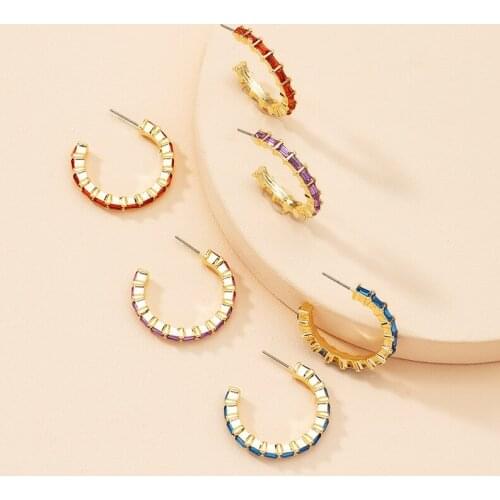 2021 New Sweetly C Shape Square Multicolor Crystal Stud Earring for Girl