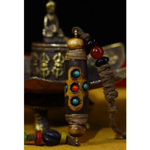 3"Tibet temple Old Natural agate Filigree mosaic Gem Dzi Bead Nine Eyes amulet Pendant Town House Exorcism