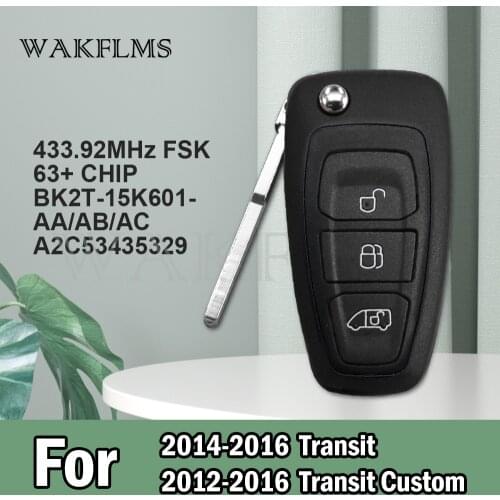 3btn Remote Flip Key fob 433.92MHz For Ford Transit Custom 2012 2013 2014 2015 2016 No Blade with 63+ chip BK2T-15K601-AA/AB/AC