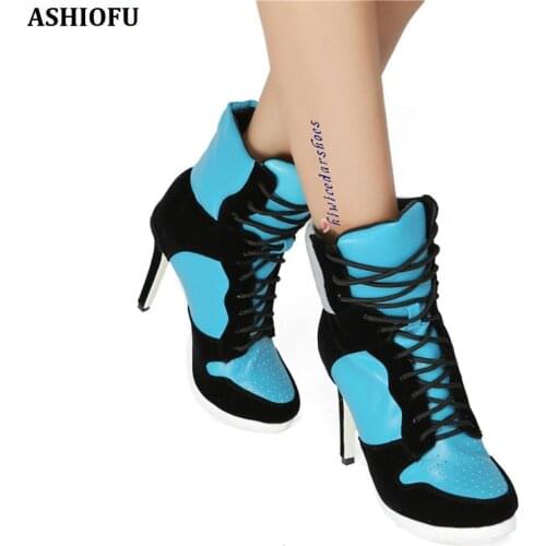 ASHIOFU Handmade High Heel Boots Sport-style Patchwork Leather Cross Shoelace Ankle Boots Party Prom Fashion Evening Boots Shoes