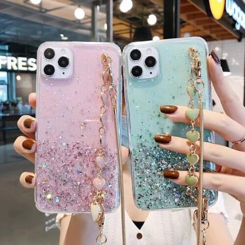 Bling Glitter Bracelet Case For iPhone 12 mini 11 Pro XS Max XR 7 8 6 Plus SE 2020 Lovely Heart Chain Rubber Cover