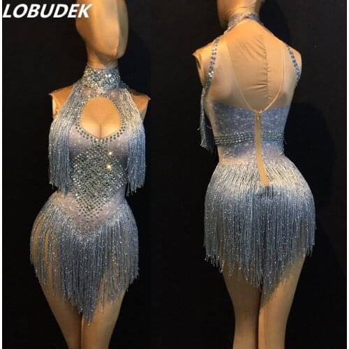 Red Silver Blue Rose Tassels Glass Crystals Bodysuit Shining Rhinestones Sleeveless Bodysuits Sexy Female Nightclub DS Costume