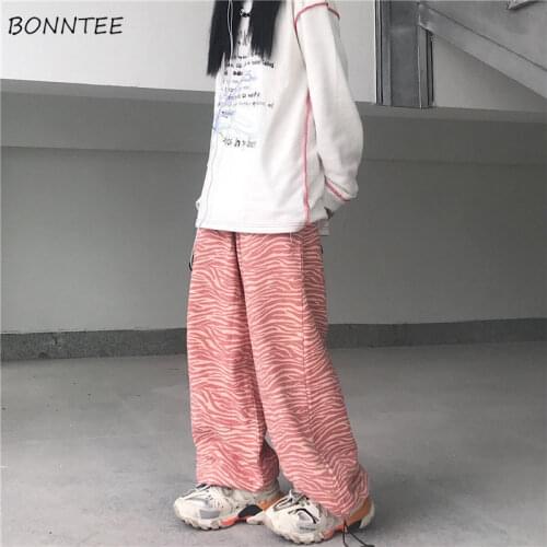 Casual Pants Women Straight All-match Street Style Loose Zebra Print Elastic Waist Oversized Trousers Pink Aesthetic Personality