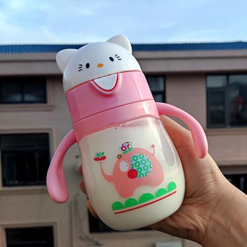280ml Cute Rabbite Baby Water Bottle with Straw Children Learn Feeding Drinking Handle Bottle Kids Water Bottles Training Cup