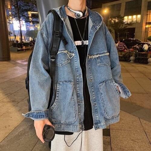 Popular Brand Tooling Hooded Jeans Coat Mens Loose Trendy and Casual Korean-Style Ruan Shuai Jacket Denim Clothes