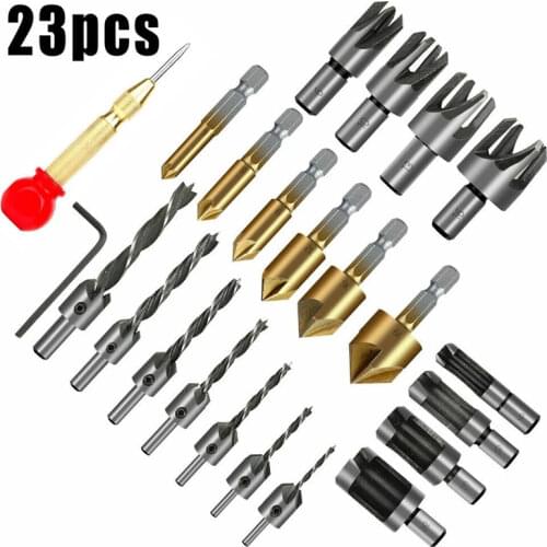 23Pcs Woodworking Chamfer Countersink Drill Bit Set Wood Plug Cutter Automatic Center Pin Punch