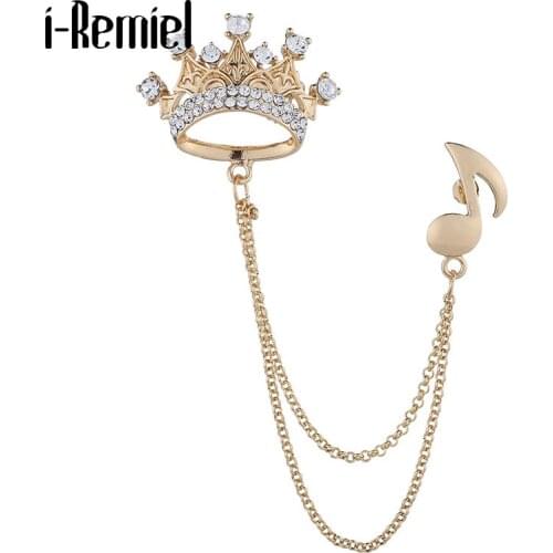 Korean Rhinestone Crown Brooch Pin Note Tassel Chain Lapel Pins Fashion Suit Shirt Badge Corsage Luxury Jewerly Men Accessories