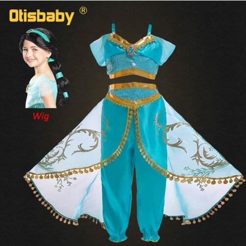 2PCS Children Jasmine Costume for Girls New Year Halloween Fancy Kids Sequin Birthday Party Dance Prom Ballet Princess Dress