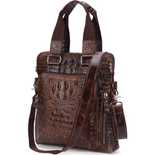 Mens Genuine Leather Business Handbag Briefcase Crocodile Grain Pattern Messenger Shoulder Bag Vintage Real Cowhide Handbag