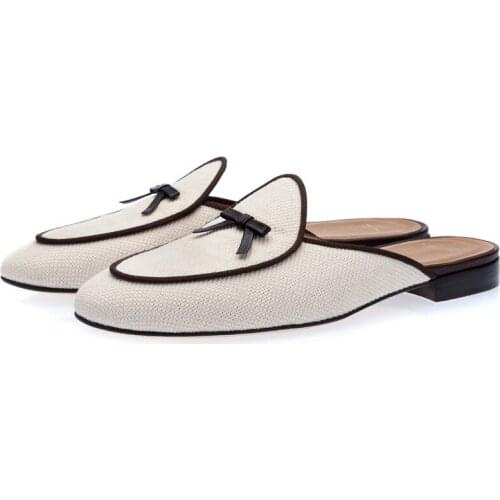 2018 Men Hemp Mules with Bows Slip-on Shoes Cotton Canvas Loafers Men Slippers EU39-EU46 Customized Color Men Casual Shoes