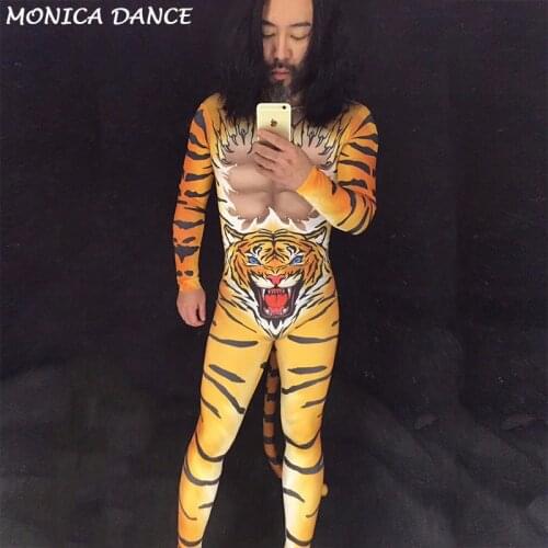 New Sexy Stage Costumes for Men Fashion Tiger Pattern Nightclub Club Party Mens Dj Ds Jumpsuit Bodysuit Costumes