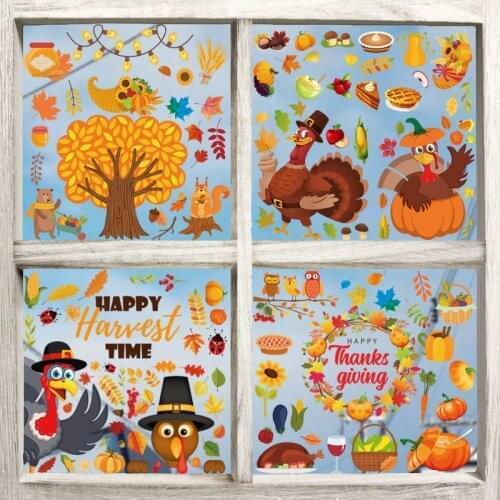 Thanksgiving Window Stickers Electrostatic Glass Decoration Autumn Maple Leaf Decals Old Man Doll Decoration Stickers