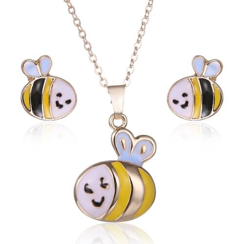 Cute Tiny Honey Bee Necklace & Earrings for Women Girls Children Lovely Animal Jewelry Set Birthday Gift Charm Brincos Bijoux