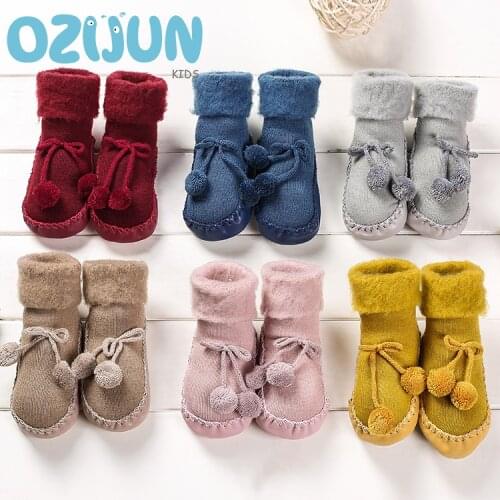 OzijunWinter Thick 0-12M/12-24M Baby First Walkers PU Leather Shoes Toddler Shoes Soft Sole Newborn Infant Solid Color Home Sock