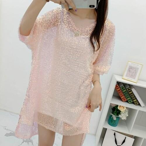 Bling Bling V-neck Heavy Industry Sequins Mesh Loose One Size Blue Pink A-line Fashion Dress Women 1475