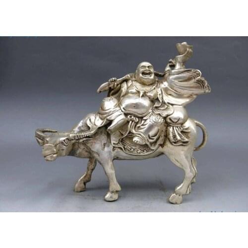 6" China Silver Feng shui Yuanbao Wealth ox cattle bull Maitreya Buddha Statue 15cm off 50