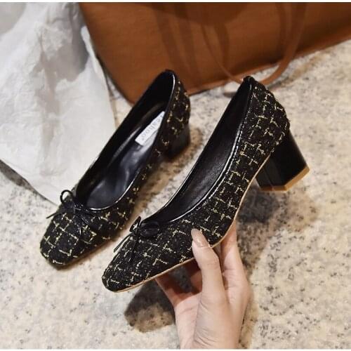 Bowknot Mary jane shoes female celebrity plaid fabric pumps slip on square toe grandma shoes thick med-high heels shoes woman