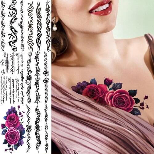 Sexy Rose Temporary Tattoos For Women Men Realistic Indian Totem Poem Dragon Scorpion Tattoo Sticker Chest Hand Waterproof Tatoo
