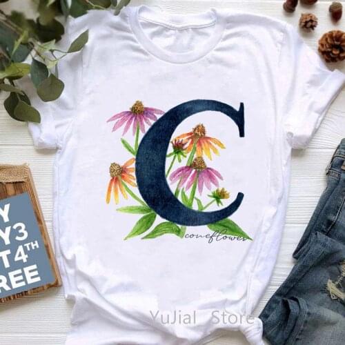 C Is For Coneflower Print Tshirts Women Floral Alphabet Series T Shirt Femme Harajuku Kawaii Clothes Female T-Shirt Tops