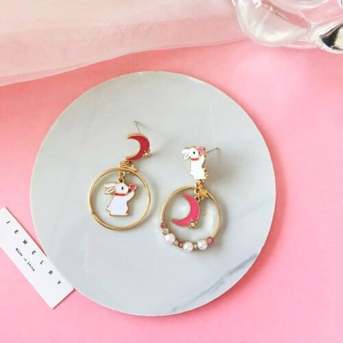 S925 needle Fun Cute White Rabbit Dreamy Circle Star Moon Asymmetry enamel Earrings for women