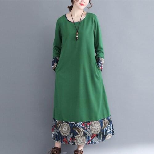 2021 New Arrival Patchwork Cotton Linen Loose Women Spring Dress Print Autumn Dress Plus Size female Casual Long Dress