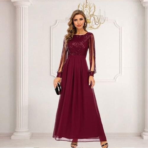 Square Sequined Tassel Long Sleeves A Line Floor Length Formal Gown Women Elegant 2021 New Fashion Spring Fall Evening Dresses