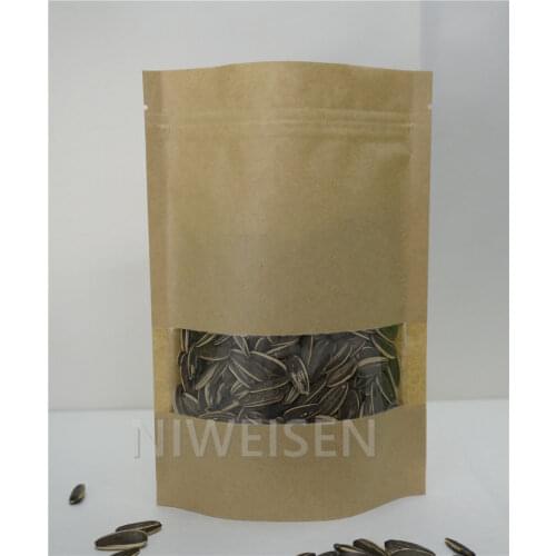 12x20+4cm,100pcs Brown Stand up Kraft paper bag with Clear window, Resealable Zip Lock Craft Pouches Bean packaging Grip sealing