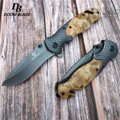 7.9"55-56HRC Knives Wood Steel Handle Folding Hunting Knife Fast Open Camping Pocket Knife Tactical Knifes Outdoor Survival Tool
