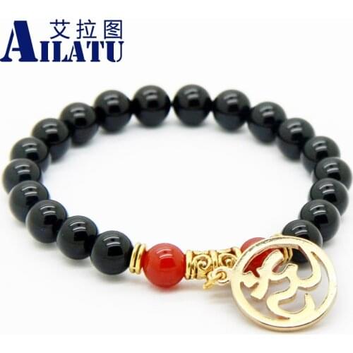 Ailatu 8mm Round Stone Beads Religious Om Inspired Yoga Meditation Bracelet Men Or Women Jewelry