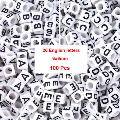 100 Pcs 6x6mm Letter Beads 26 English Large Hole Loose Beads Diy Acrylic Beads for Handmade Jewelry Bracelet Accessories
