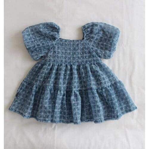 Girl 2021 Summer New Dress Sweet Puff Sleeve Chiffon Jacquard Weave Child Korean Solid Color Square Collar Princess Dress