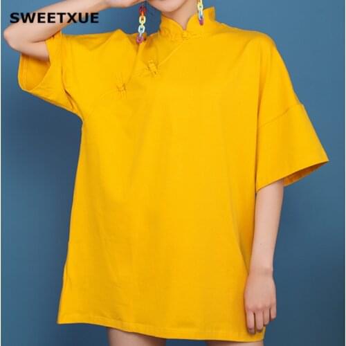 SWEETXUE New Women Chinese Style Girl Lady Solid Loose casual Half Sleeves T Shirts Female Summer Tops For Woman
