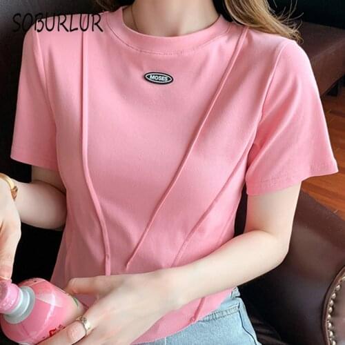 SOBURLUR 2021 Summer Oversize Womens T-shirts Solid Color T shirt Crop Tops Woman Clothing Shirt Kawaii White Sexy Harajuku