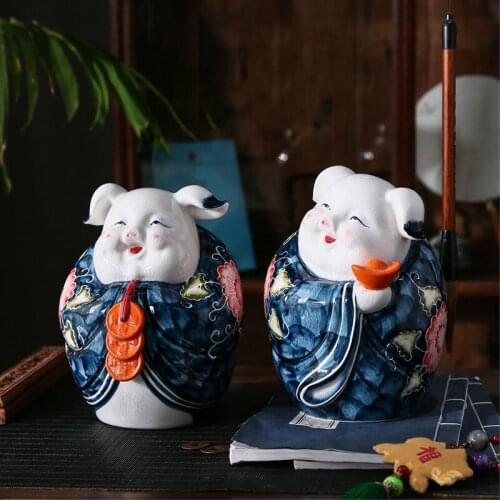 Chinese style retro classic Wufu Lin door series home fine ceramic ornaments painted piggy bank