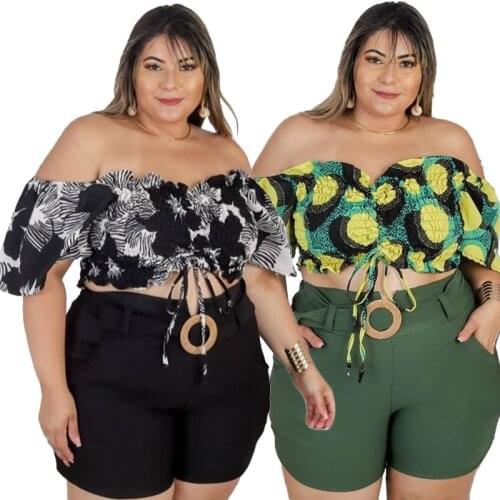 Hot Selling Women Slash Neck Two Piece Sets Plus Size Charming Lace-up Crop Tops + High Waist Mini Shorts Outfits 2021 Summer
