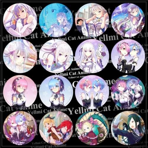 58mm Anime Re:Life in a different world from zero Emilia Pack Ram iron Badge Brooch