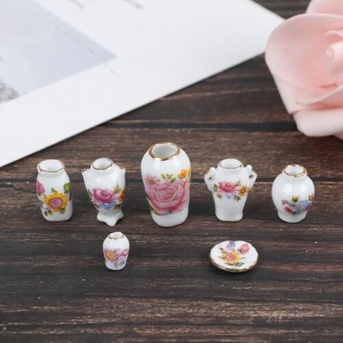 New Arrival 1~2.5cm 7 Pcs Mini 1:12 Dollhouse Miniature Porcelain Flower Vase Dolls House Accessories