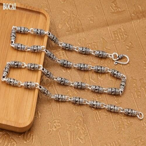 BOCAI New real S925 sterling silver jewelry six-character mantra, barrel beads trendy retro style necklace for men and women